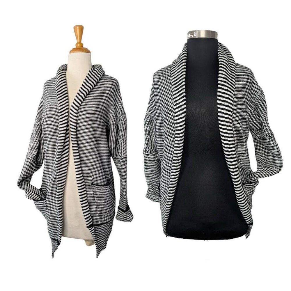 Vocal OS Black White Striped Cocoon Cardigan Boho Art To Wear Fits S M L XL 1X